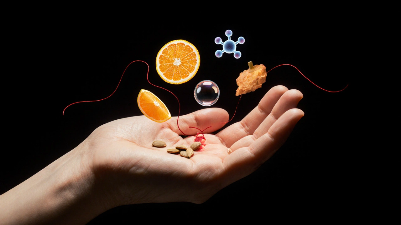 Ruka obklopena symboly výživy pro hojení: citrusy, semínka, molekuly kolagenu a vodní kapky.