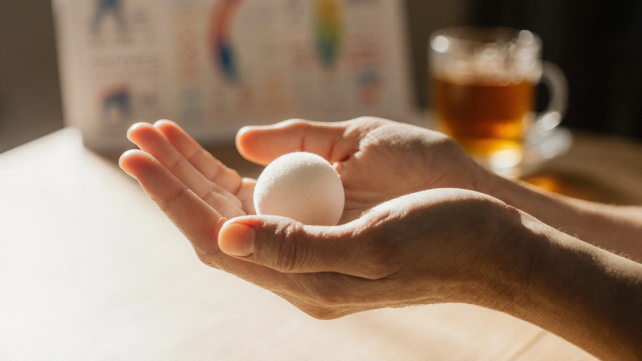 Ruka provádí jemné cvičení s měkkým míčkem, symbolizující rehabilitaci po operaci.