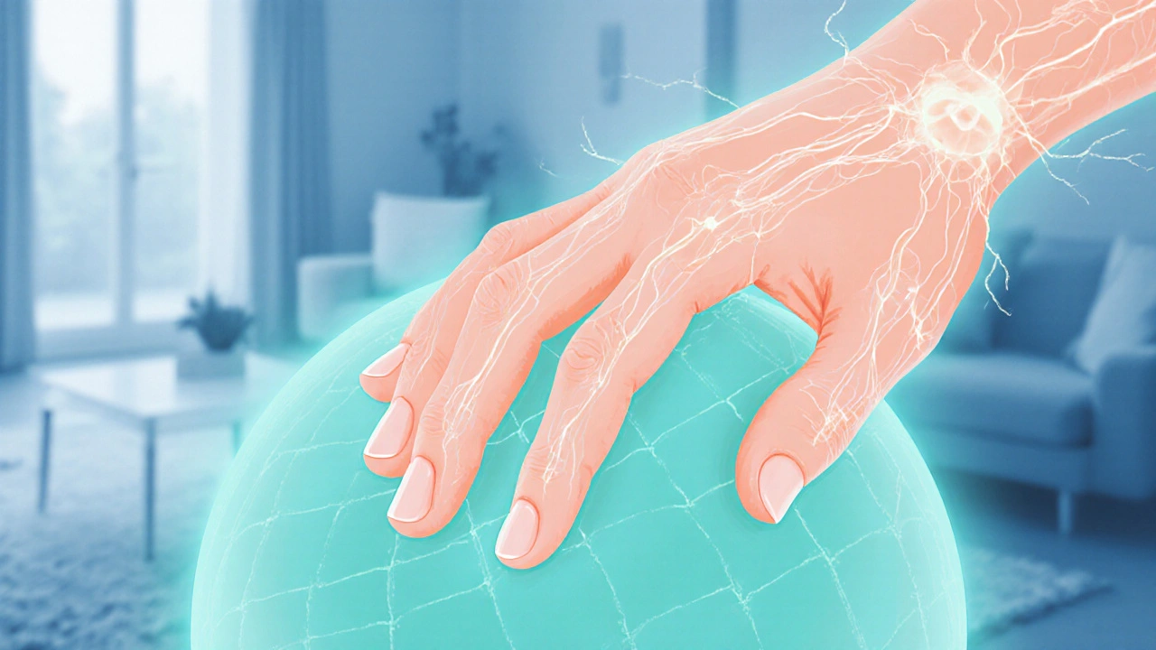 Ruka provádí jemné pohyby prstů nad měkkým míčkem při obnově nervů.