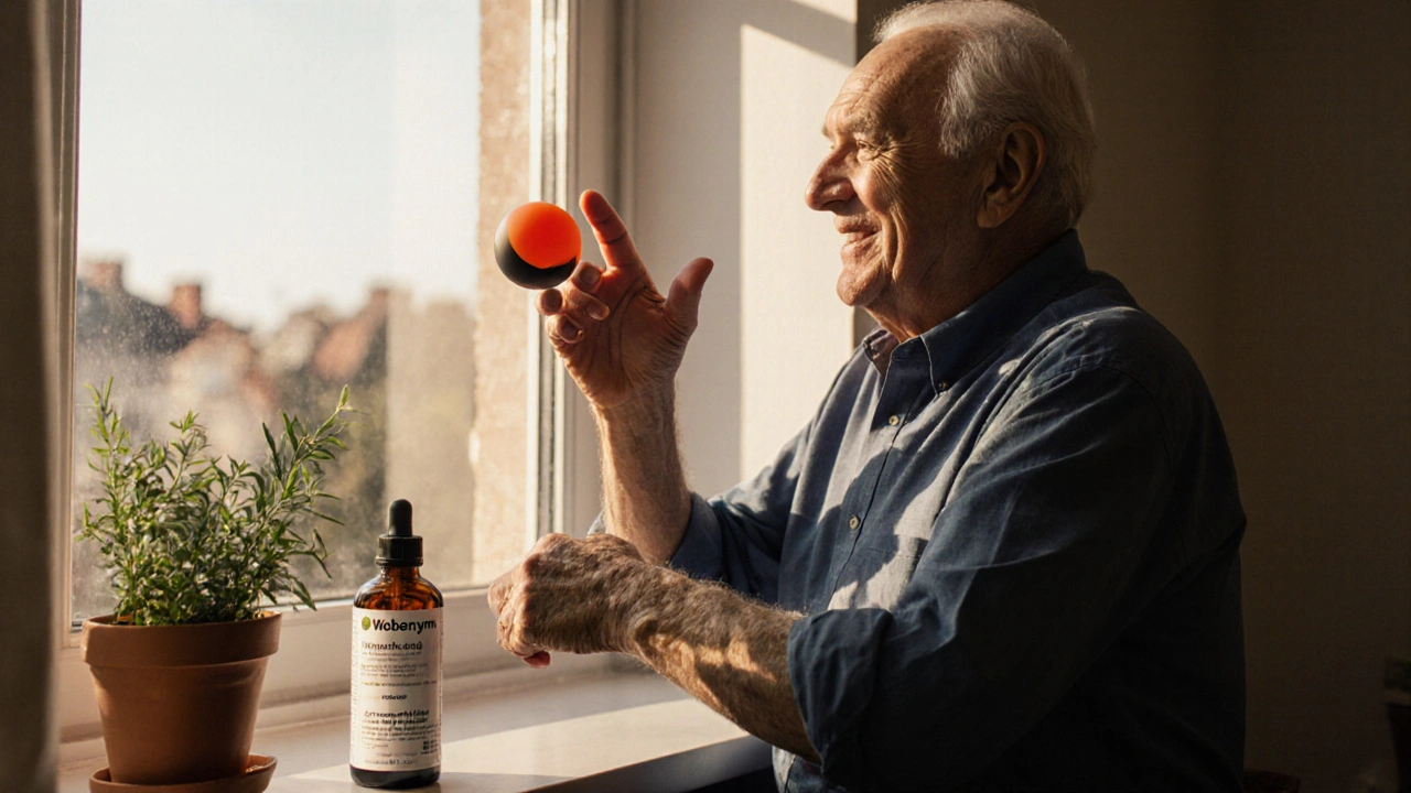 Starší muž cvičí pohyby prstů, ruka již volně pohyblivá, Wobenzym na pozadí.