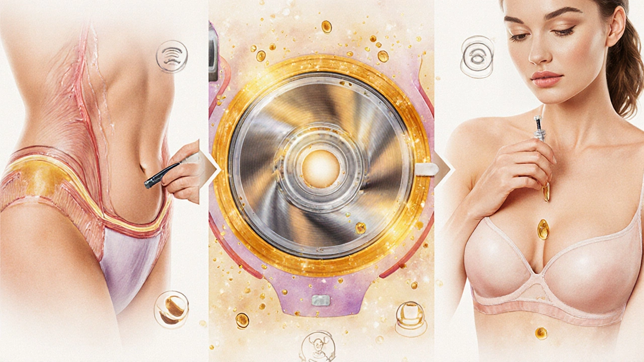 Třístupňový proces liposukce prsou: odběr tuku, čištění a vstřikování do prsou.