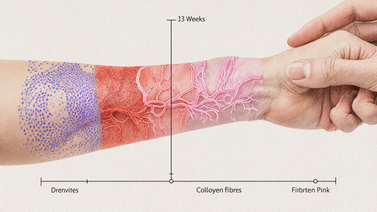 Umělecké znázornění vnitřního hojení ruky s fibriny a kolagenem v různých fázích.