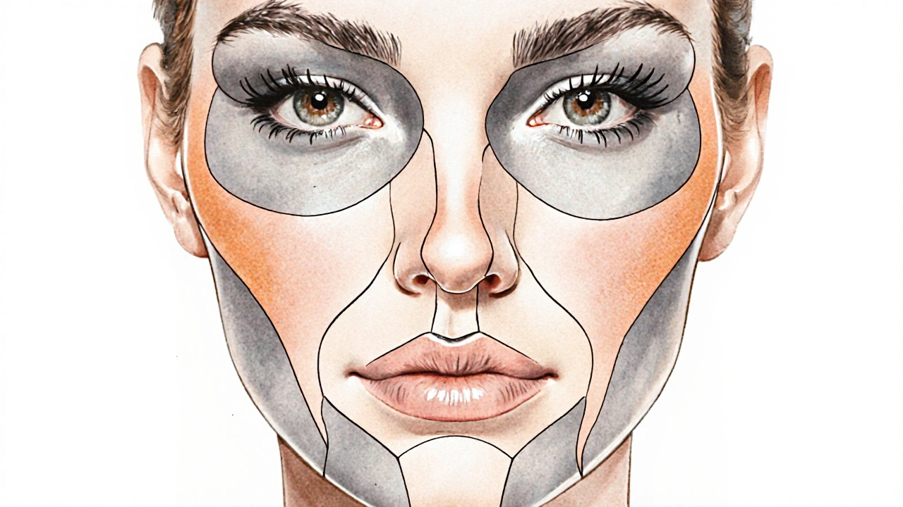 Vodové kreslení tří klíčových oblastí obličeje: čelist, lícní kosti a nos s použitím stínu a světla.