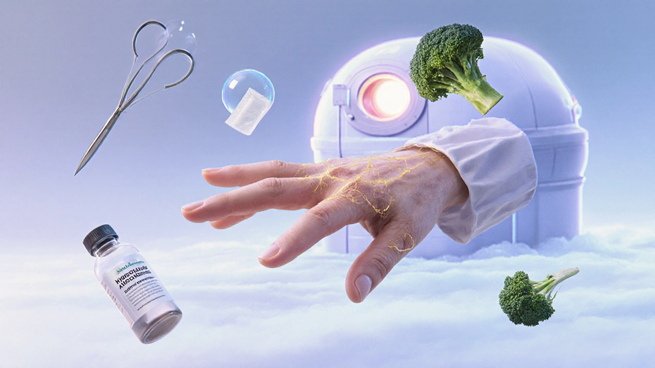 Zavěšená ruka s symboly hojení: obvaz, antibiotika, zelenina a kyslíková bublina.