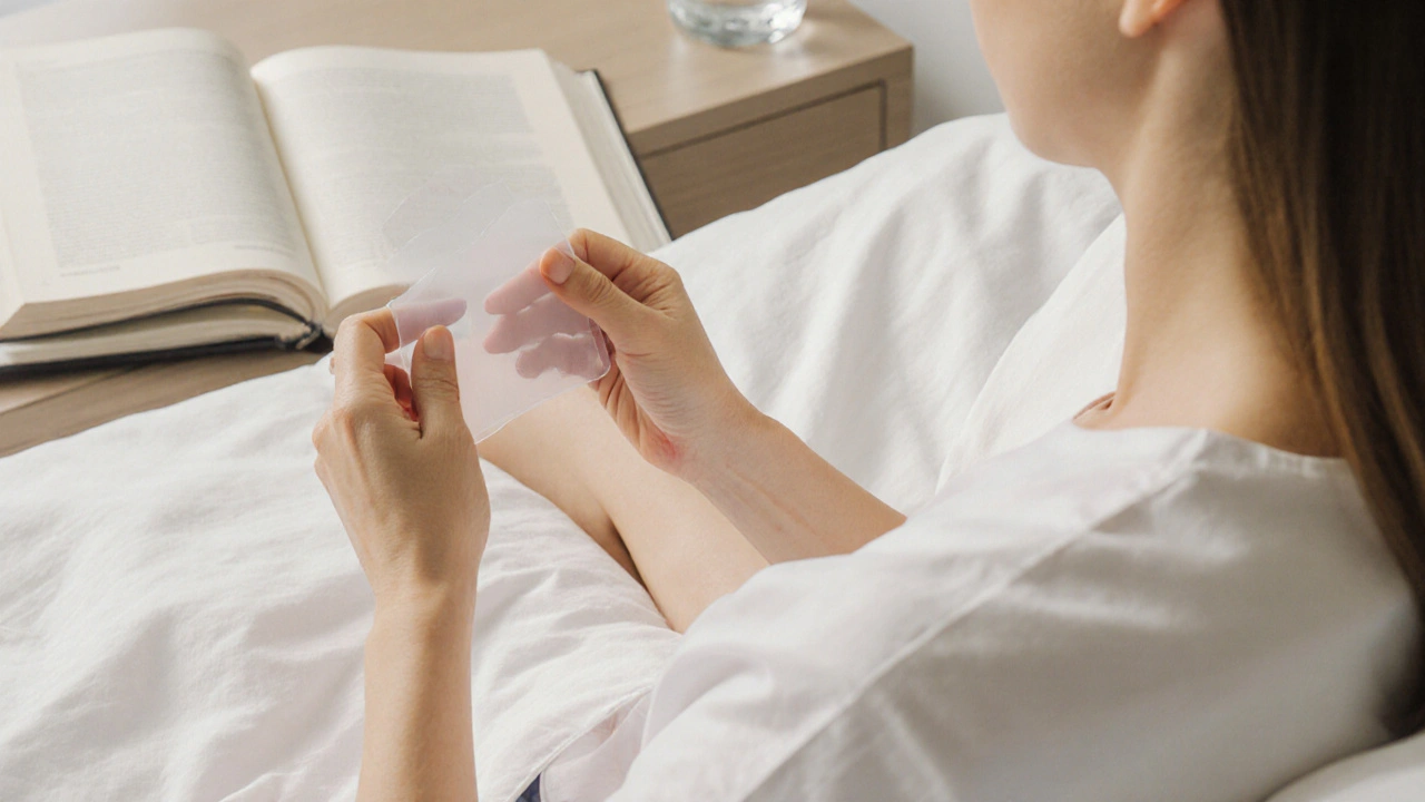 Žena aplikuje silikonový polštářek na jizvu po plastické operaci prsou.