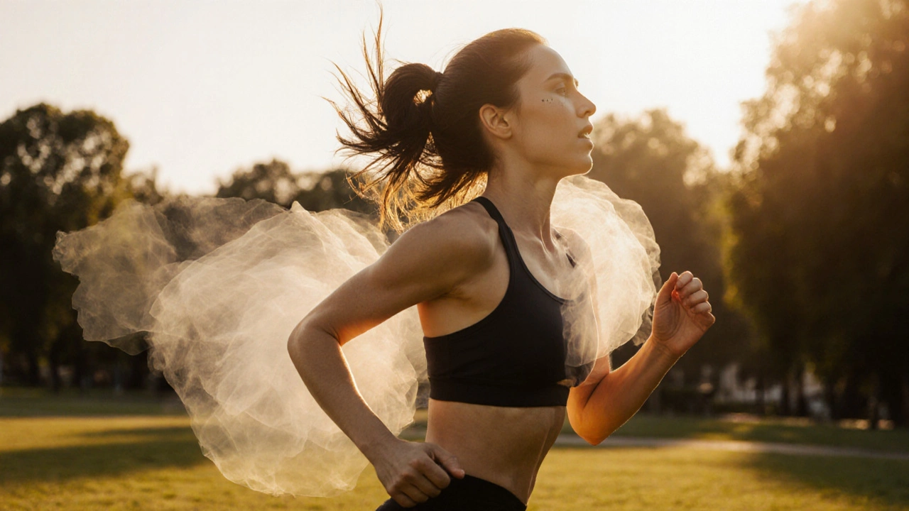 Žena běží v parku, volně a šťastně, s přirozeným pohybem.