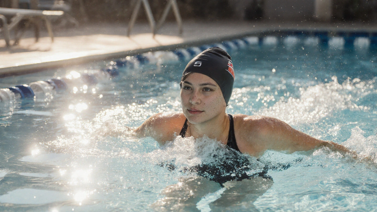 Žena plave volným štylem v bazénu 10 týdnů po operaci prsou, ruce nevyčnívají nad ramena.
