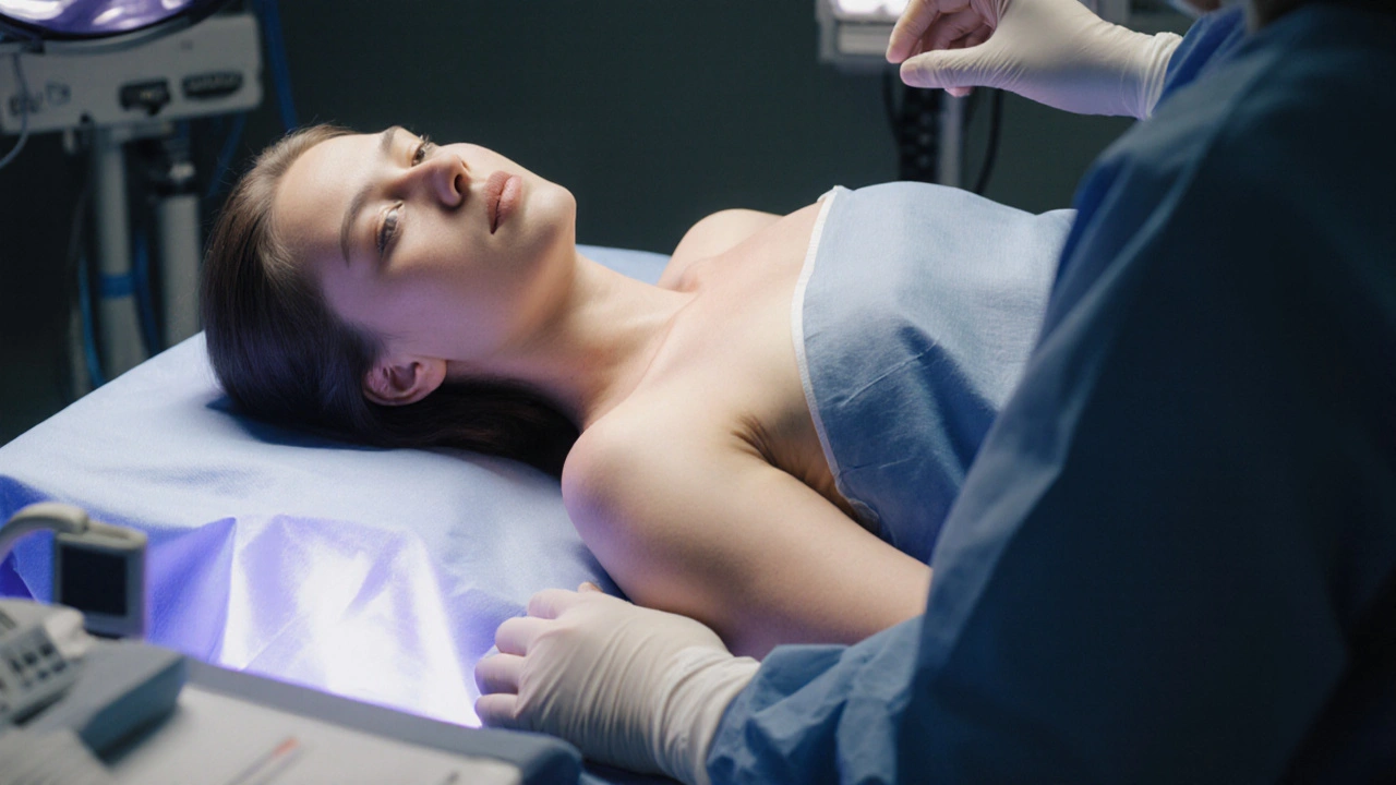 Žena před operací prsou s čistě oholenou hrudí a podpaží, zvýrazněná bezpečná oblast.