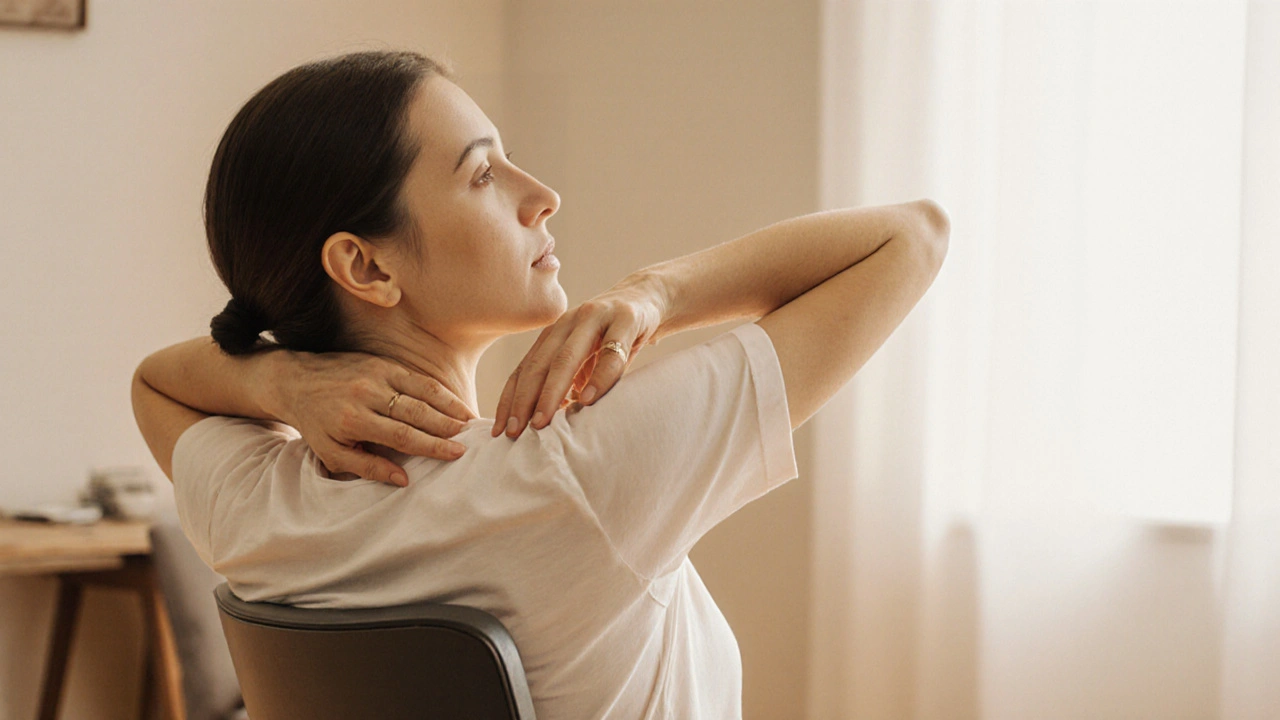 Žena provádí jemná natáhnutí ramen a stažení lopatek po 4–6 týdnech po operaci.