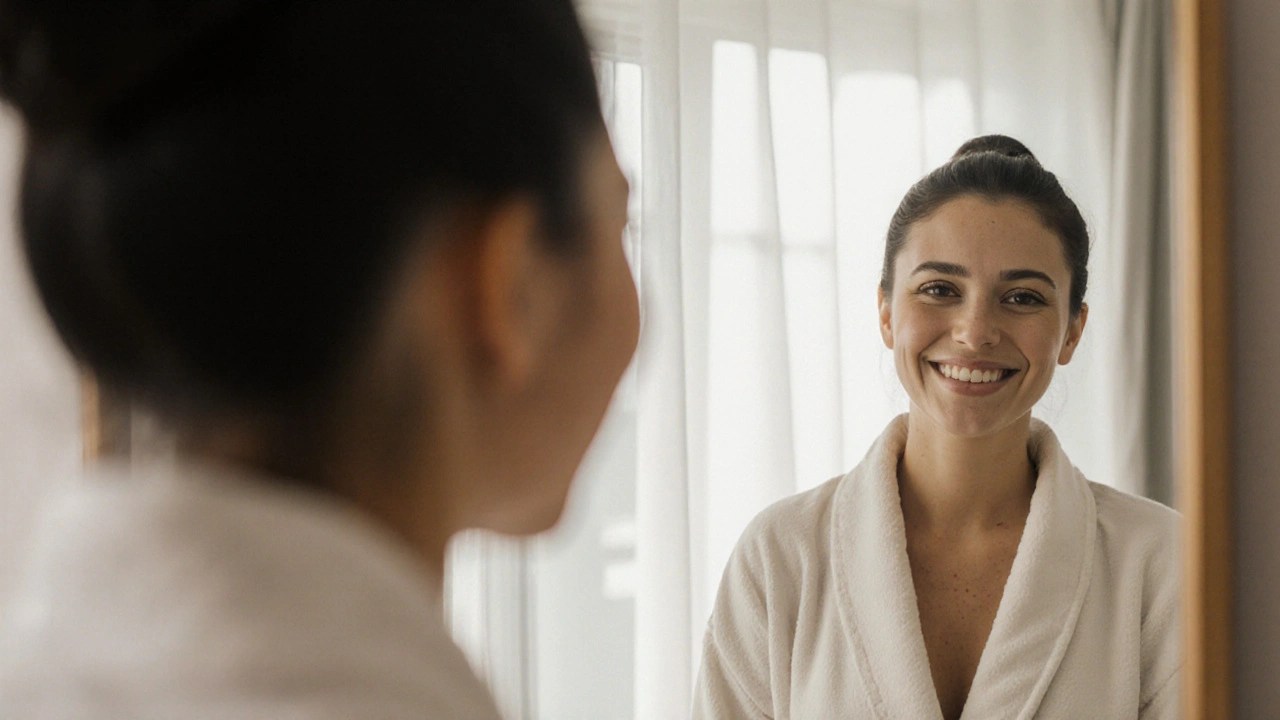 Žena se dívá do zrcadla a vidí přirozeně zvětšené prsy po lipofillingu s tenkými jizvami.