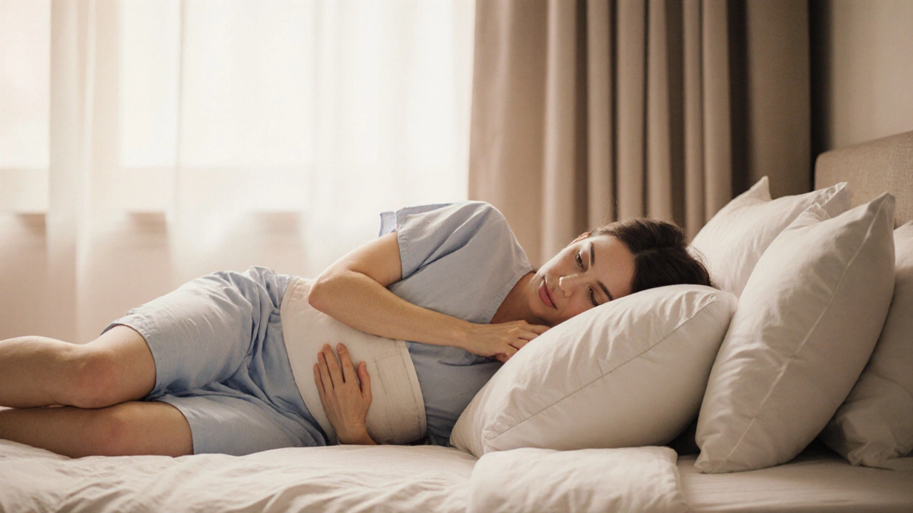 Žena se opatrně otáčí na bok s rukou podporující hrudník a polštářem mezi nohama.