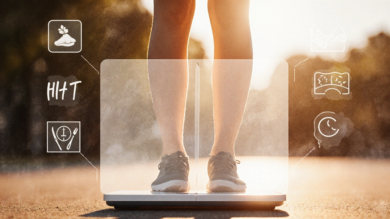 Žena stojí u váhy, s transparentními vrstvami ukazujícími ztrátu tuku na nohách.