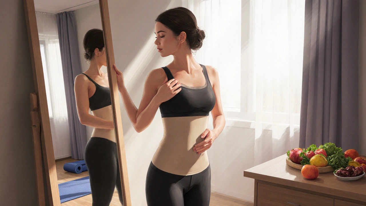 Žena v kompresní vestě se dívá do zrcadla a přejímá svůj nový tvar břicha.