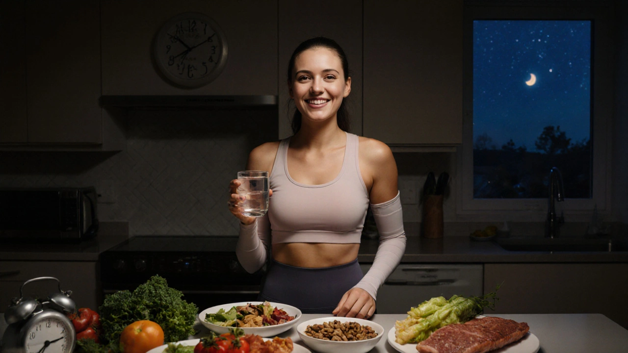 Žena v kuchyni s zdravou stravou a kompresními punčochami, večerní osvětlení.
