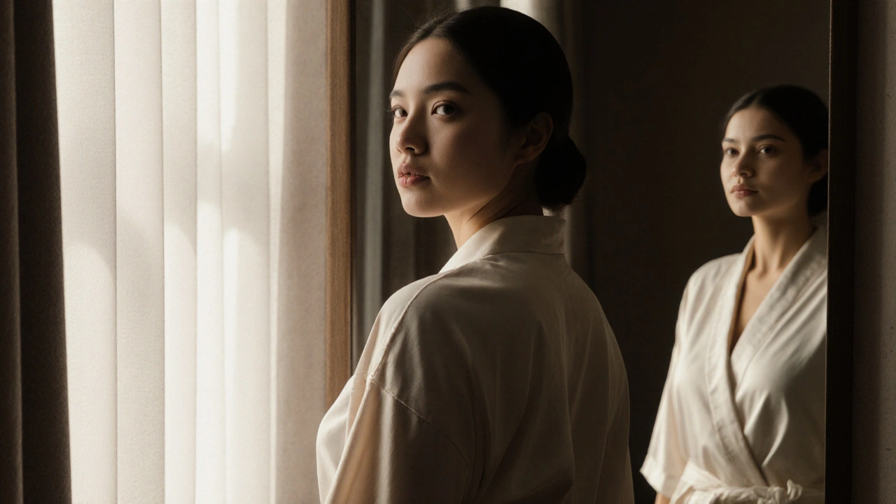 Žena v oblečení stojí před zrcadlem, jizva skrytá v přirozeném záhybu pod prsy.