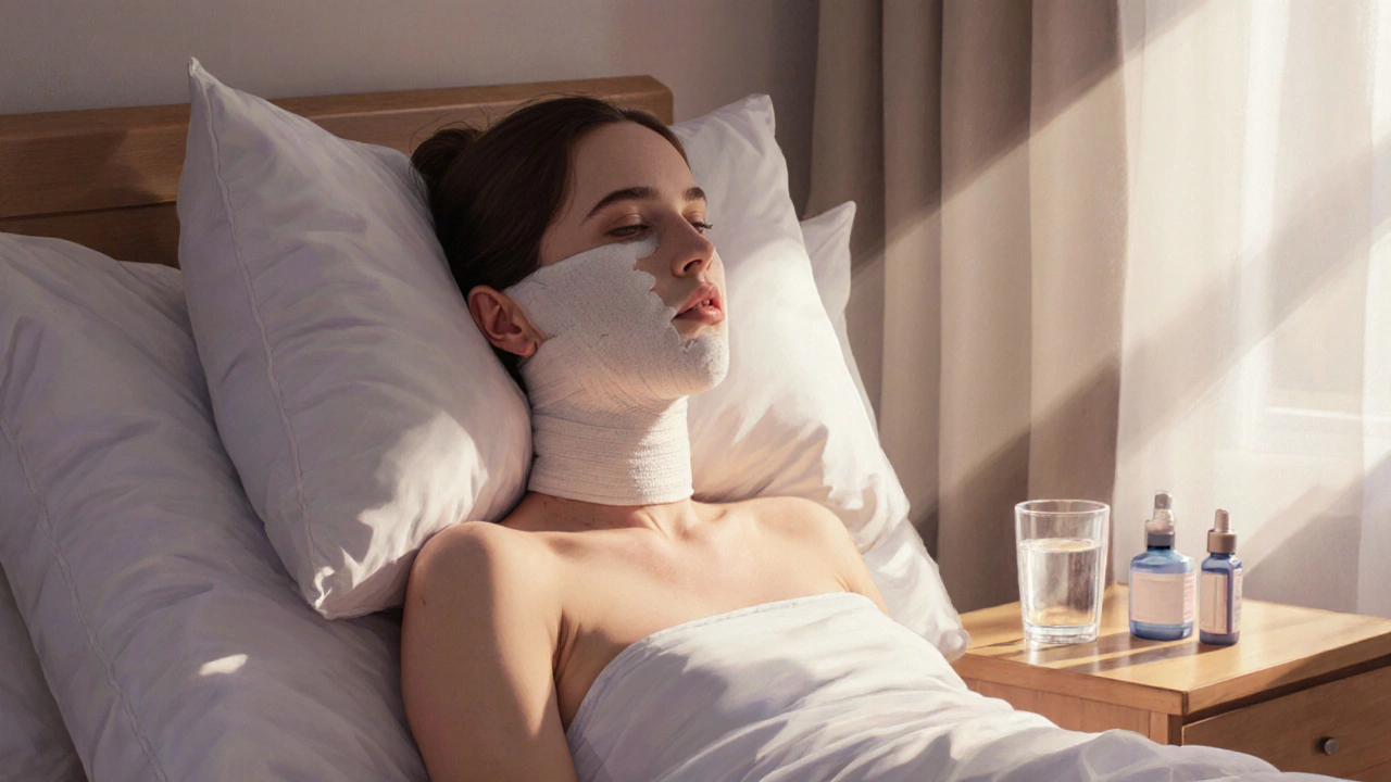 Žena v prvním týdnu zotavení sedí v posteli s kompresním obvazem, mírně modřiny pod očima.