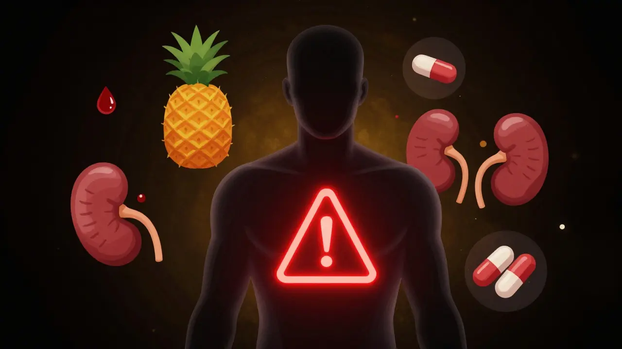 Abstraktní ilustrace varování před Wobenzymem s ikonami krve, ananasu a ledvin.