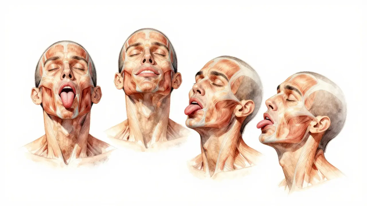 Člověk provádí čtyři cvičení pro obličej současně s naznačenými svaly.