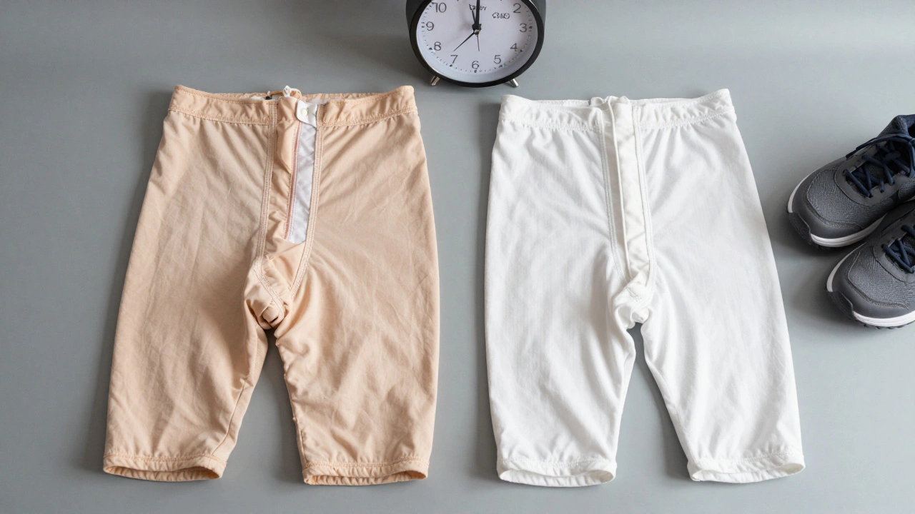 Dvě páry kompresních punčoch a hodiny ukazující 28. den po operaci.