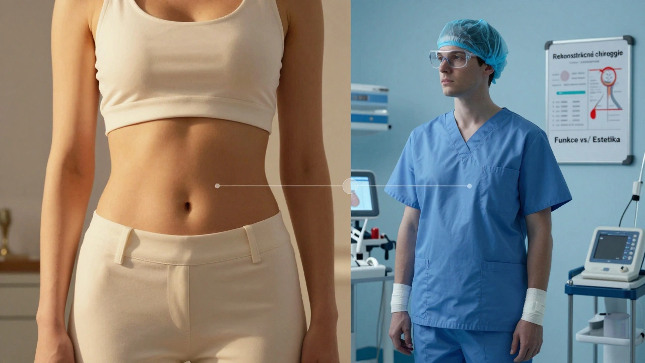 Dvoučelný obraz: kosmetická představa břicha vpravo a rekonstrukční lékařská potřeba vlevo, symbolizující rozdíl mezi estetikou a funkcí.