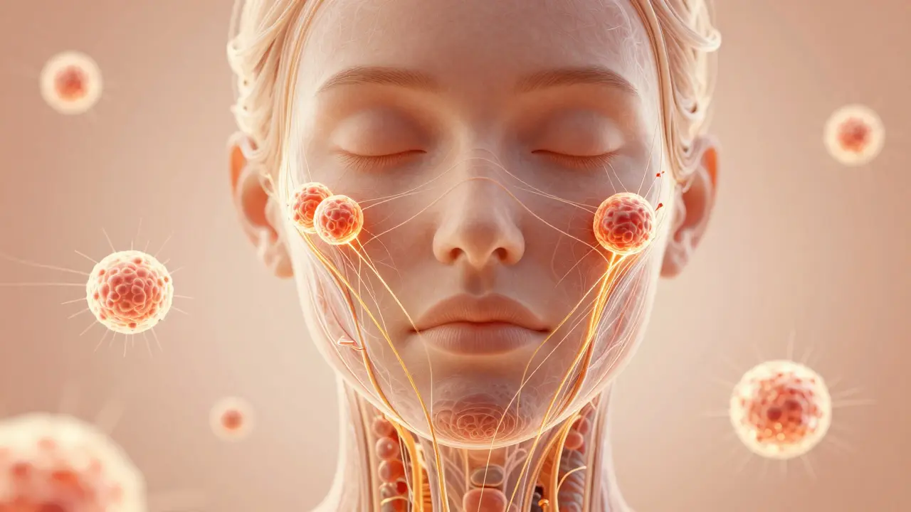 Kolagenové niti stimulují tvorbu nového kolagenu pod kůží, znázorněno jako zlaté síťoviny.