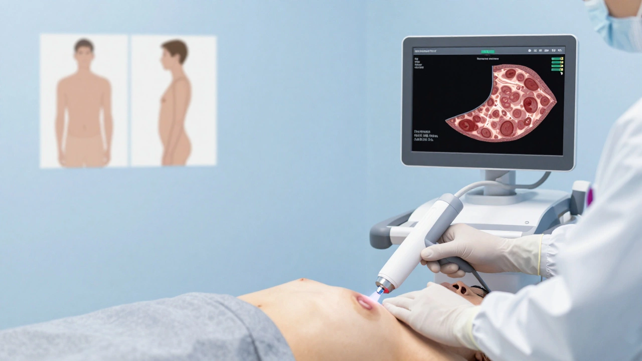 Lékař provádí laserovou liposukci, kdy paprsky cílí na tukové buňky pod kůží v klidném, moderním klinickém prostředí.