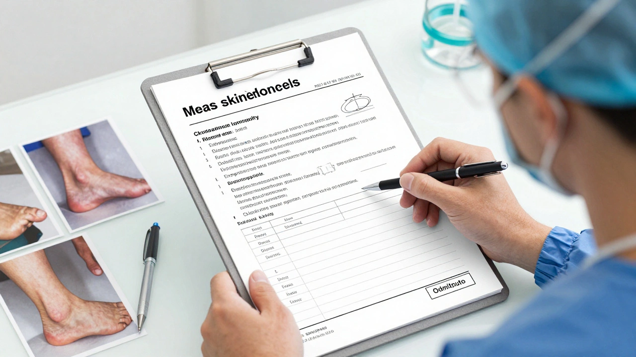 Lékař v české nemocnici analyzuje lékařskou dokumentaci pro hrazení abdominoplastiky, s fotografiami a diagnózami na stole.