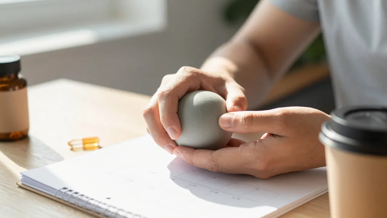 Osoba cvičí prst po zlomenině, tiskne měkký míček při světle denního světla.