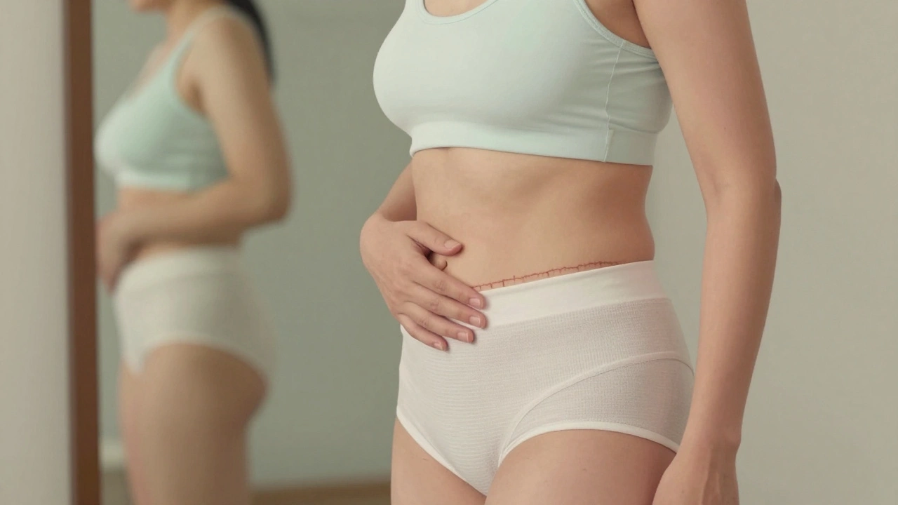 Osoba s jemným švem na břiše, opírající se při chůzi, s viditelným zmenšením otoků po sedmi dnech.