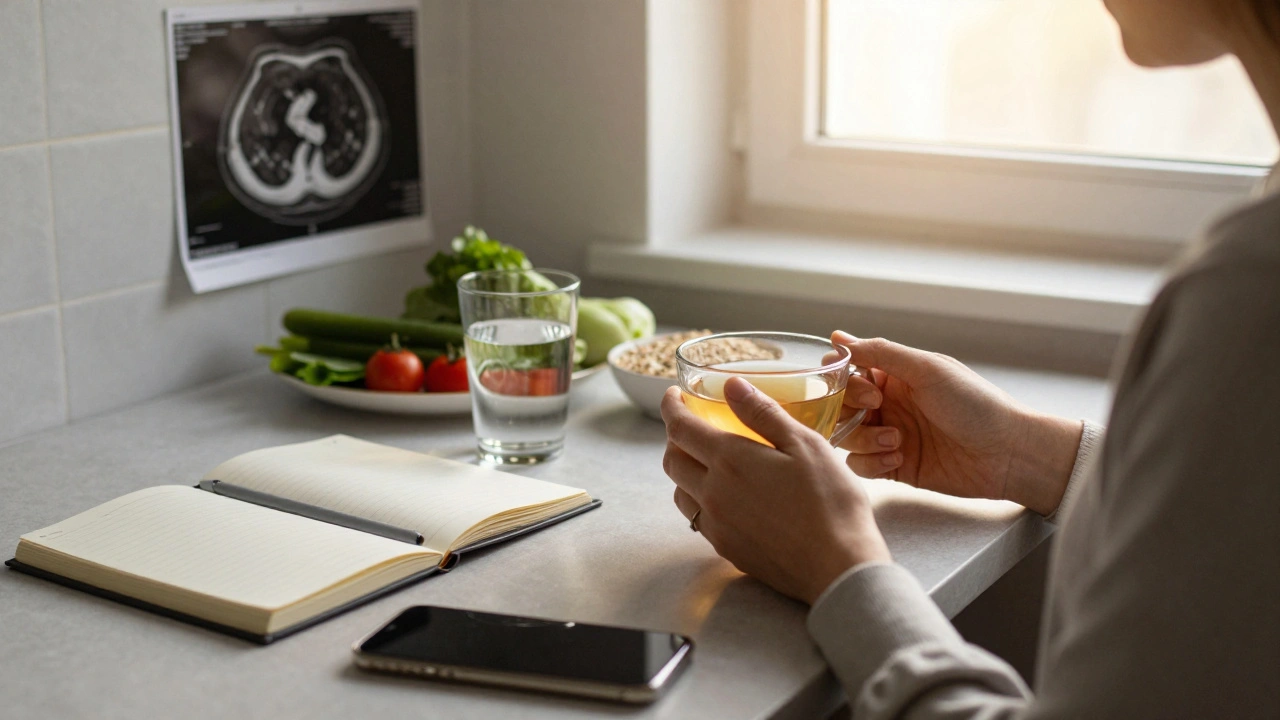 Osoba v kuchyni ráno s zdravými potravinami a lékařským snímkem na zdi.