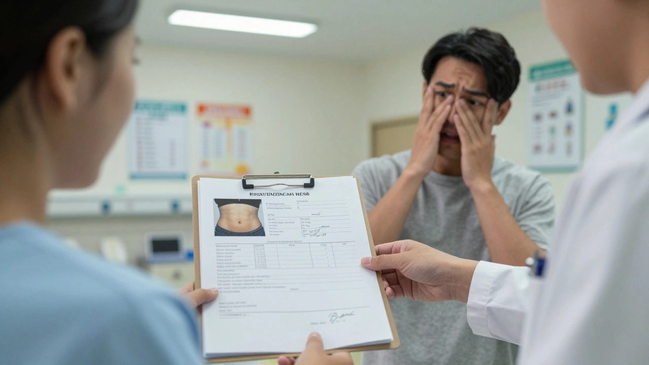 Pacientka podává lékařské dokumenty s fotografiami a posudky pro příspěvek VoZP na abdominoplastiku.