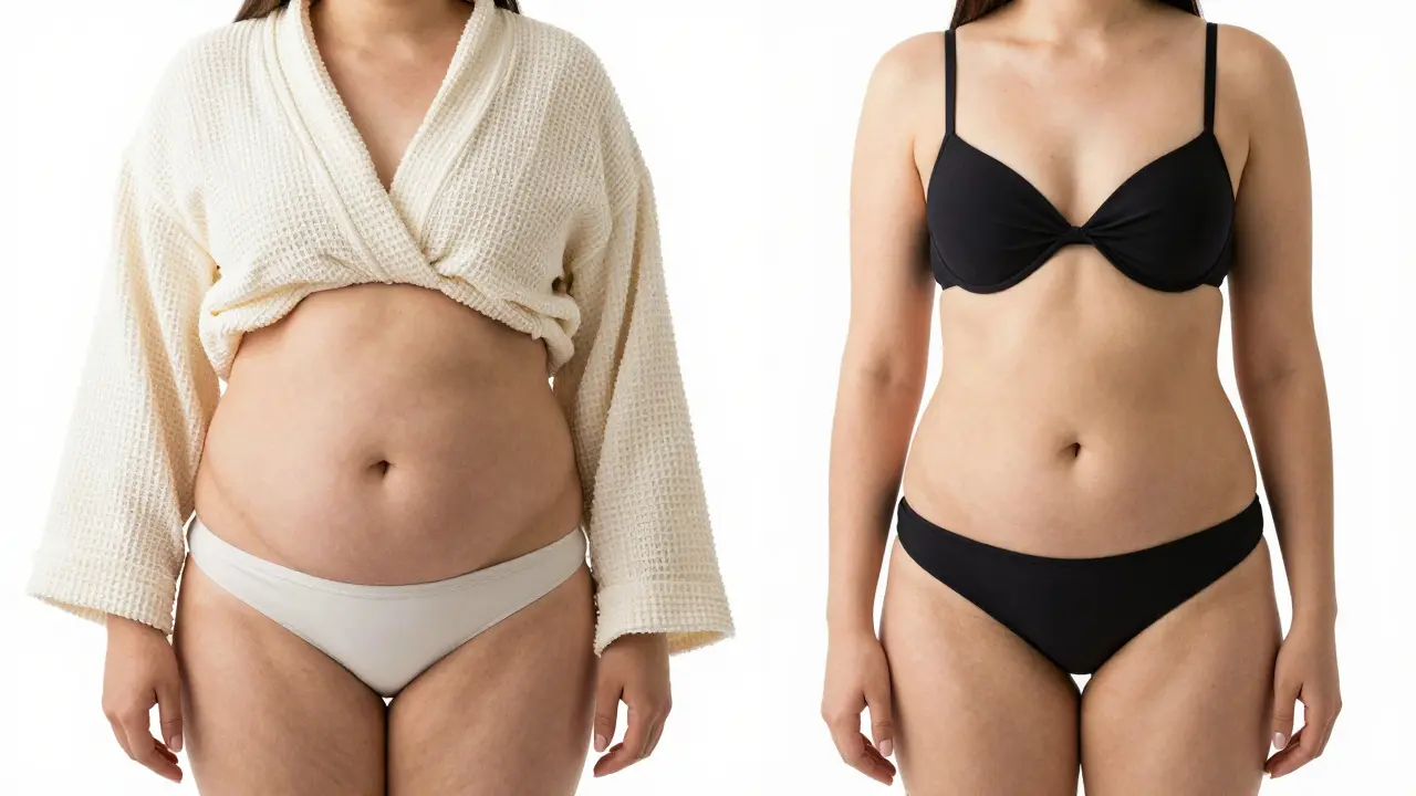 Porovnání před a po abdominoplastice: volná kůže vs. ploché břicho s nízkou jizvou.