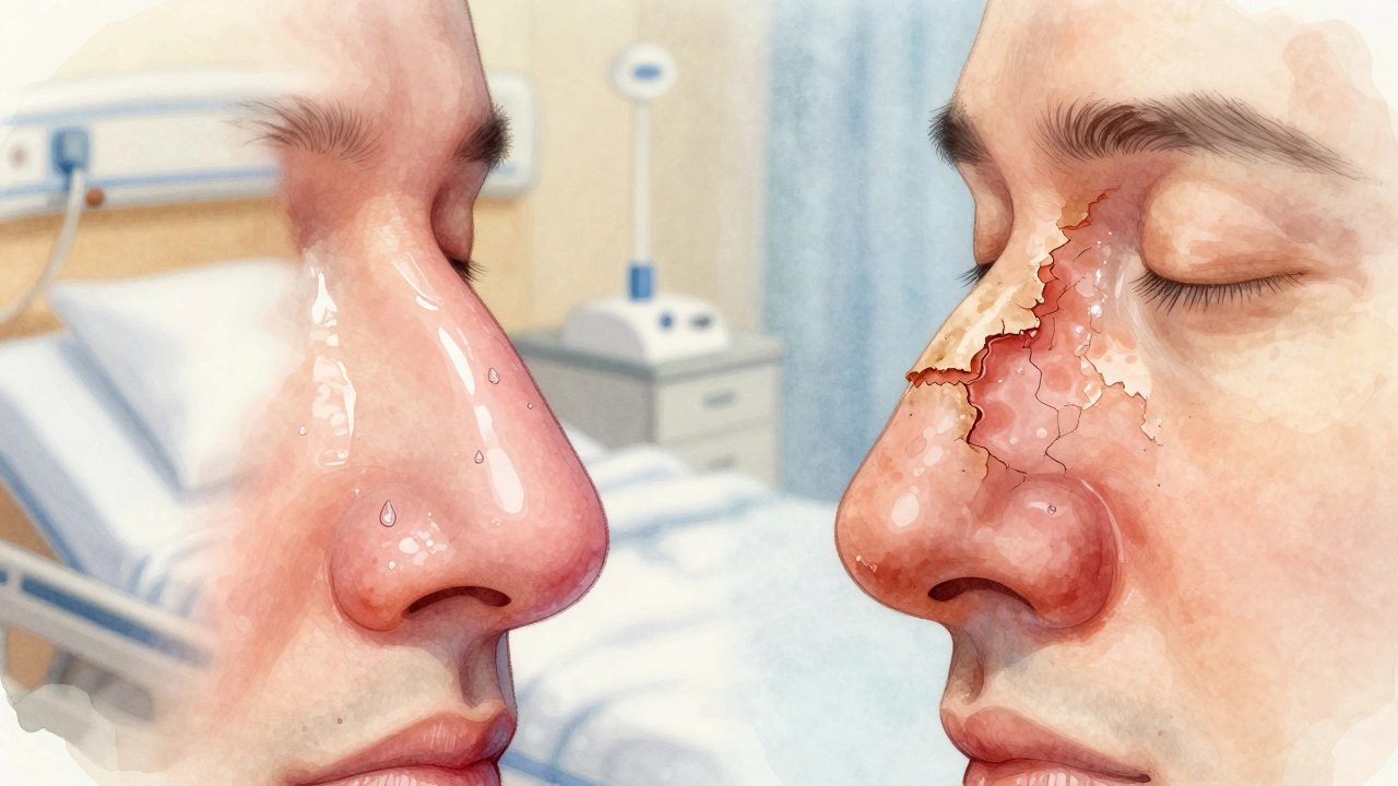 Porovnání zdravé a poškozené sliznice nosu po operaci, symbolizující hojení a komplikace.