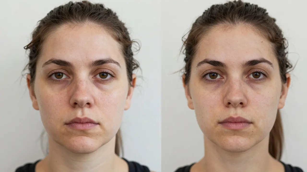 Před a po: jemné zvednutí obličeje bez chirurgie, přirozený vzhled.