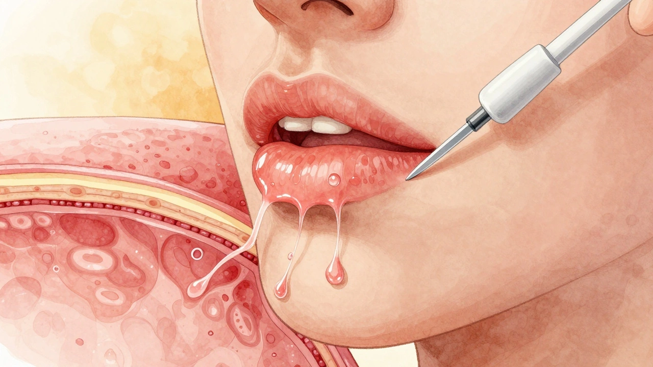 Přehled anatomie podbradkové oblasti během vstříknutí tumescentního roztoku.