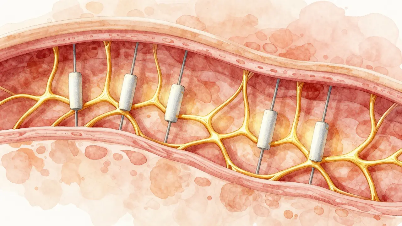 Příčný řez tváří s nitiemi a kolagenovou sítí, která se vytváří kolem nich.