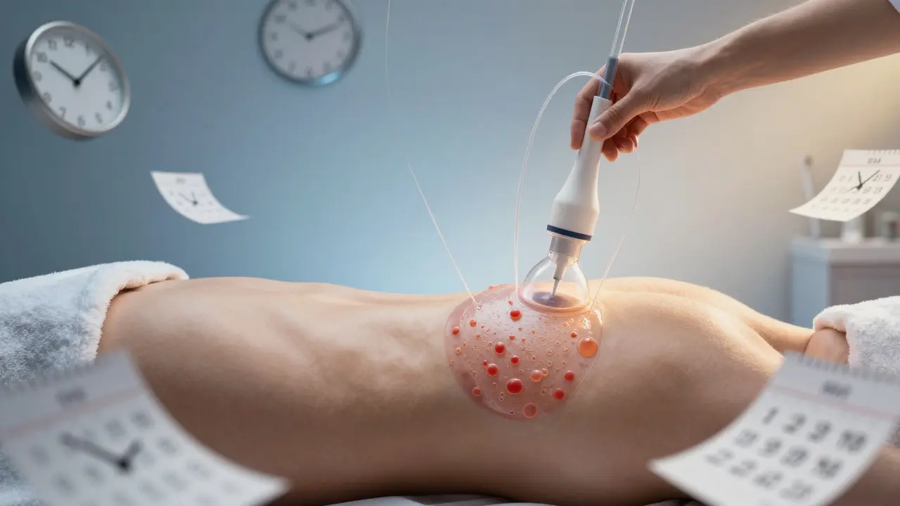 Průhledný tělo s odstraňovaným tukem a časovými značkami symbolizujícími léčebný proces.