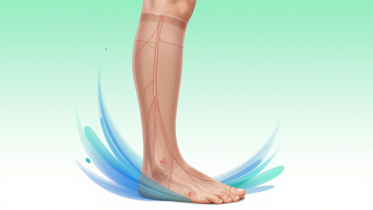 Průřez nohou s viditelným tokem krve pod tlakem kompresních punčoch.