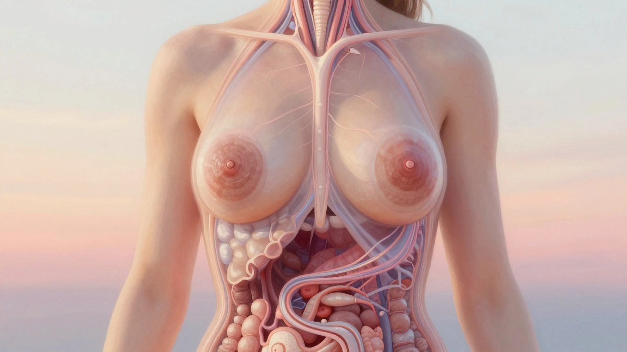 Průřez těla ženy s viditelnými hormonálními vlivy na prsní tkáň v jemném barevném přechodu.