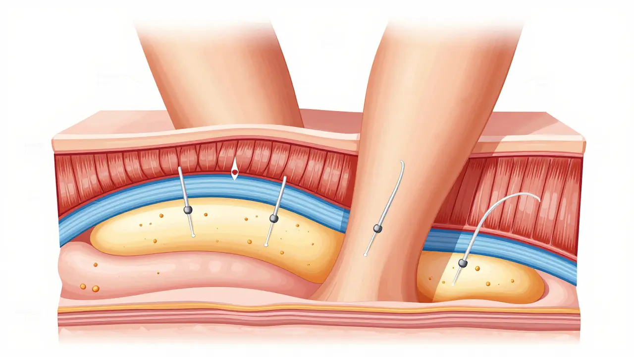 Průřez vnitřních stehen s odstraňováním tukové tkáně pomocí kanýlky, anatomická ilustrace.