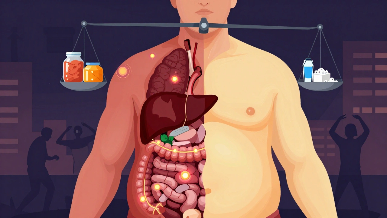 Rozdělený náčrt těla ukazující vnitřní tuk kolem orgánů na jedné straně a podkožní tuk na druhé, s važkou zdravých ná habits.