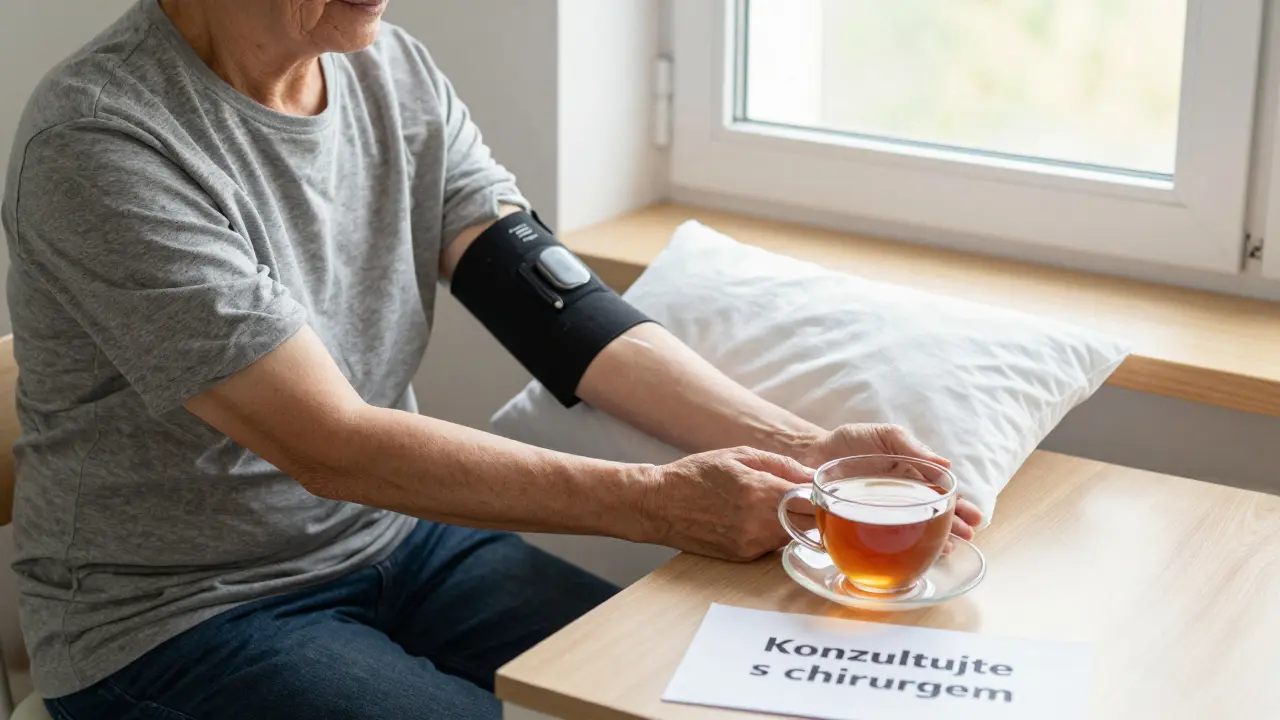 Starší pacient drží ruku nad srdcem během hojení s lékařskou poznámkou na stole.