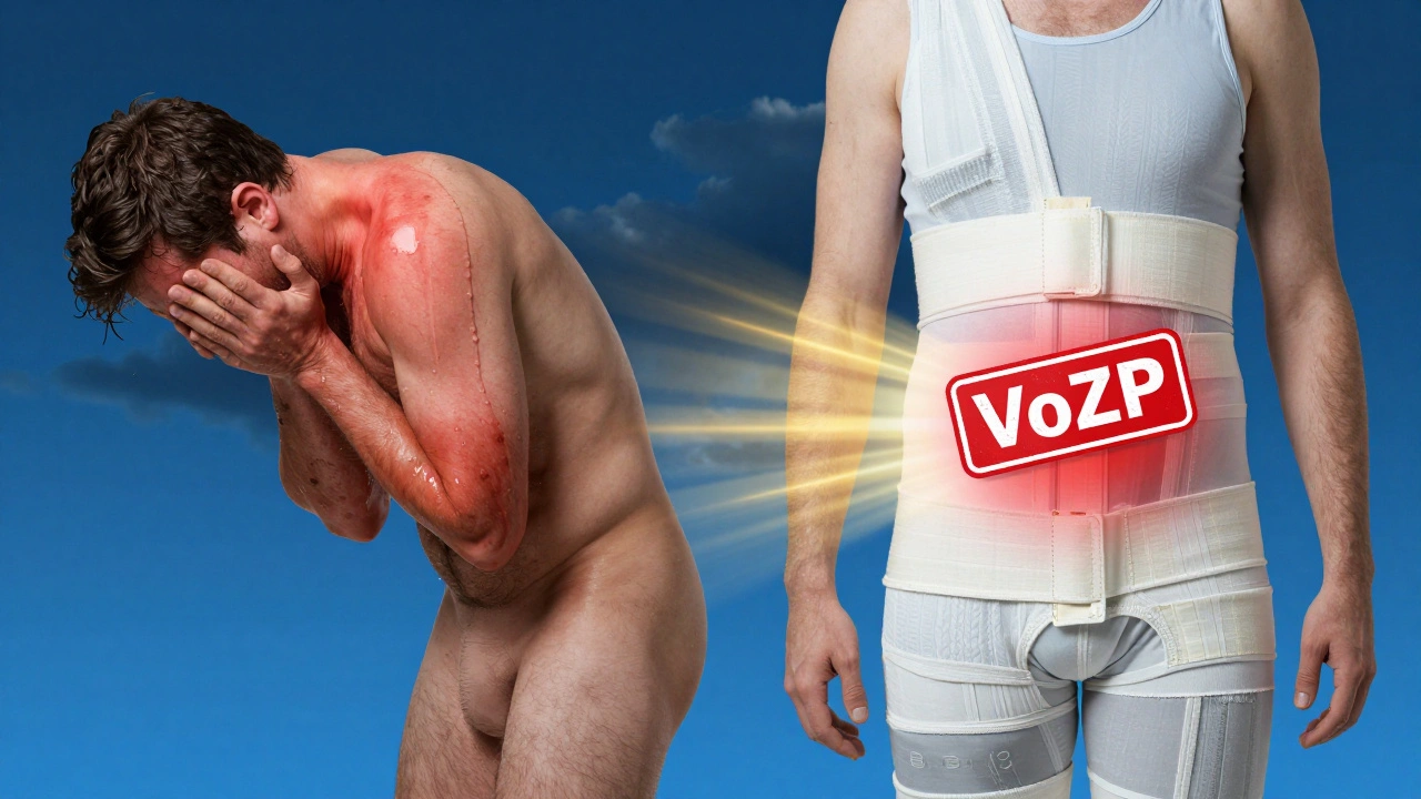 Symbolický obraz rozdílu mezi bolestí po porodu nebo ztrátě hmotnosti a zlepšením po operaci s povolením VoZP.