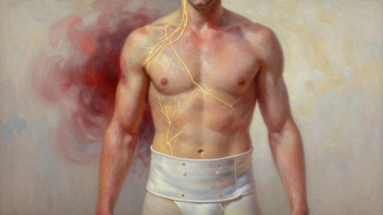 Transparenční obraz těla s obnovujícími se nervy a mizícími stíny bolesti, symbolizující hojení.