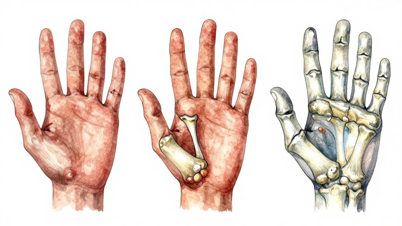 Tři fáze hojení zlomeniny prstu v ilustrativním vodovém stylu.