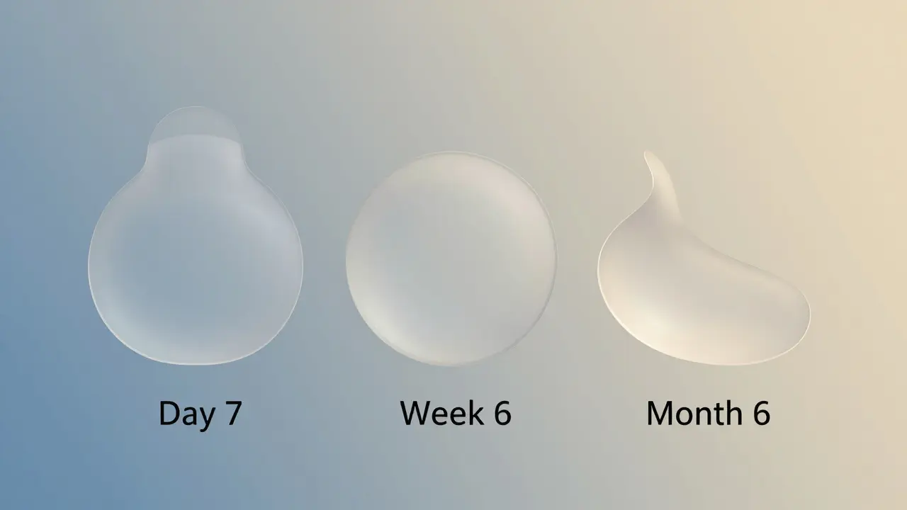 Tři překrývající se kontury prsou v různých fázích hojení — od tvrdého tvaru po přirozený obrys, symbolizující časový proces zotavení.