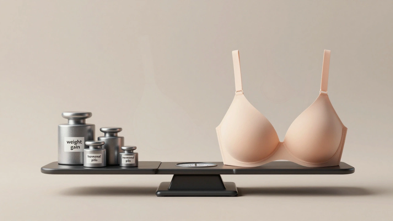 Váha s jedné strany zátěží a hormonálními přípravky, druhá strana ukazuje zvětšená prsa a implantáty.