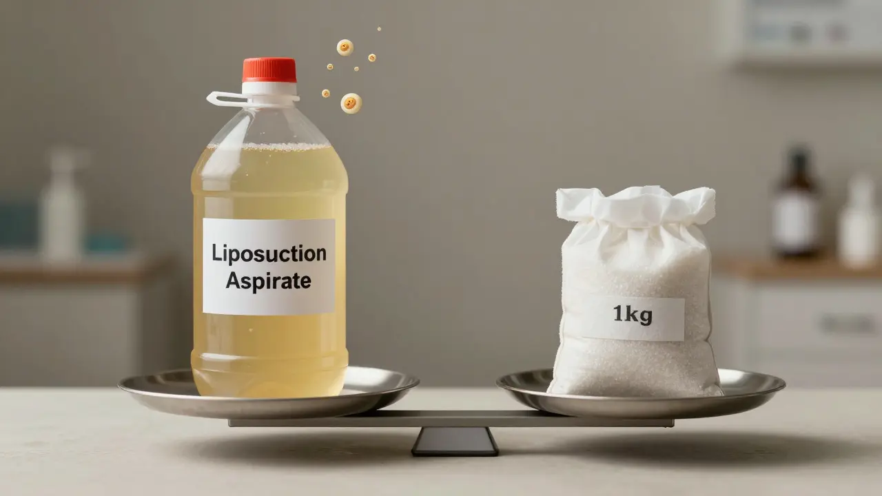 Váha s lahvičkou odsáté směsi a pytlíkem cukru pro srovnání skutečné hmotnosti tuku