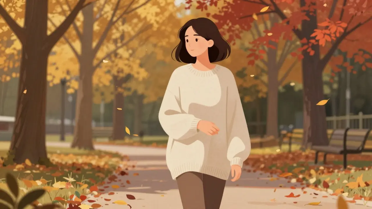 Žena pomalu chodí v parku v podzimním období, obléčená v volném svetře, symbolizující opatrný návrat k běžnému životu.