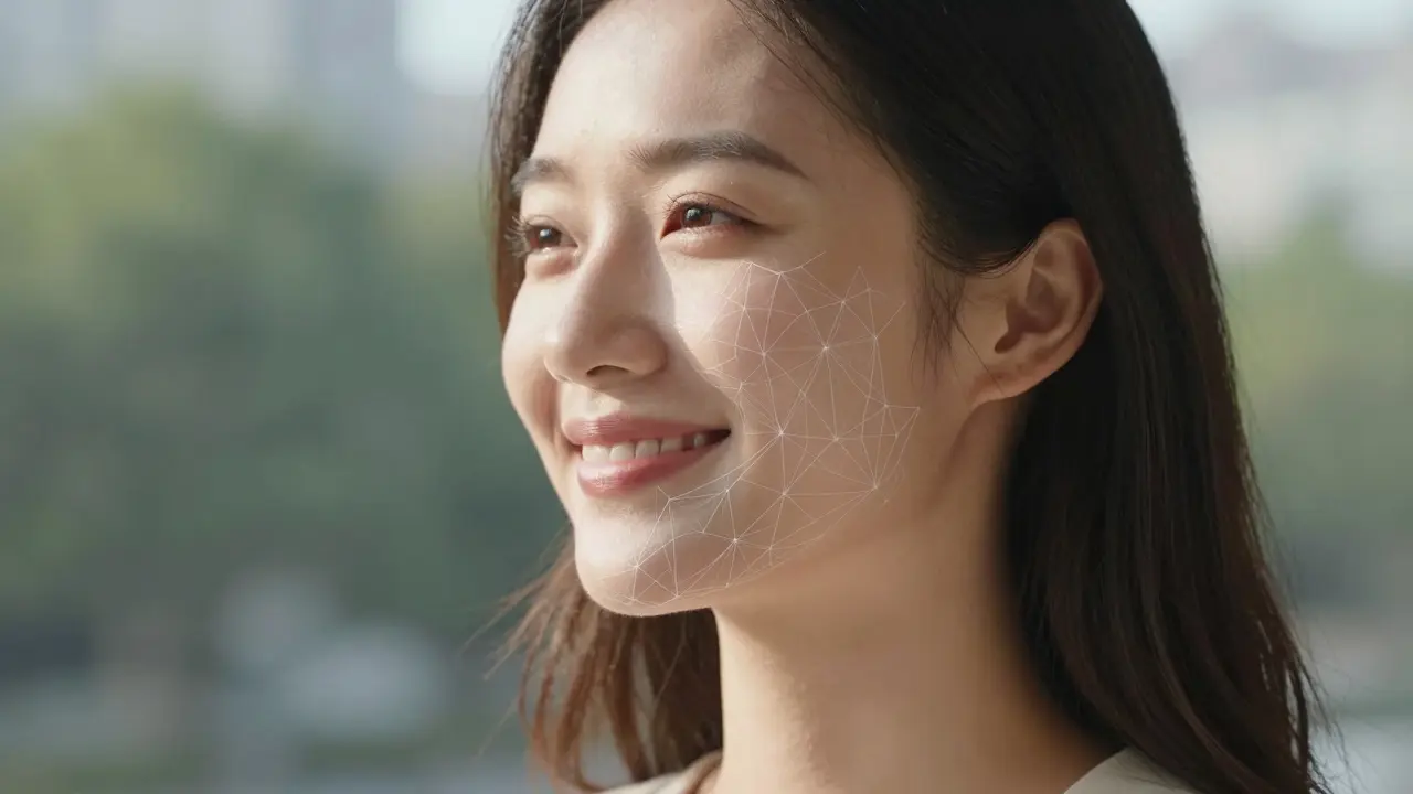 Žena s přirozeně zvednutým obličejem, s průhlednou mapou nitií naznačujícími zpevnění.